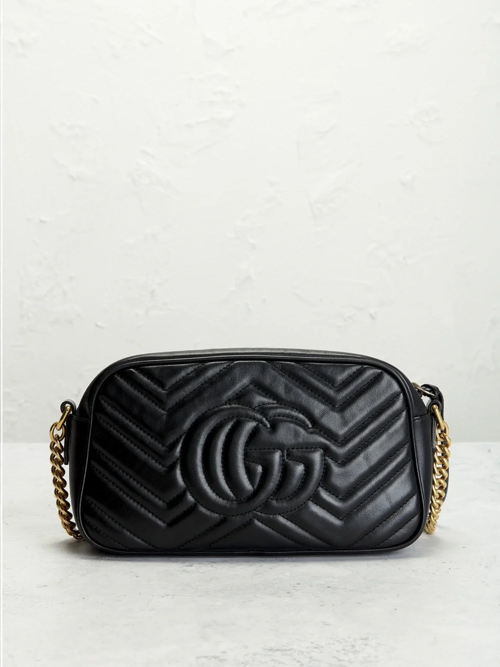 Gucci Black GG Marmont Chevron Camera Crossbody with Gold Hardware